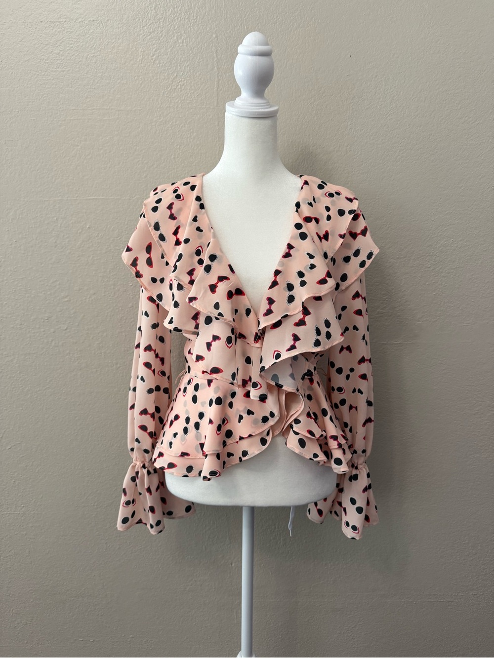 Bebe Pink Sunglasses Ruffled V-Neck Blouse